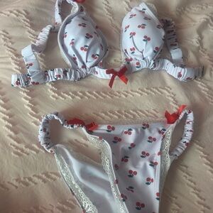 SHEIN White Cherry Print Ruffle Trim Bikini Set